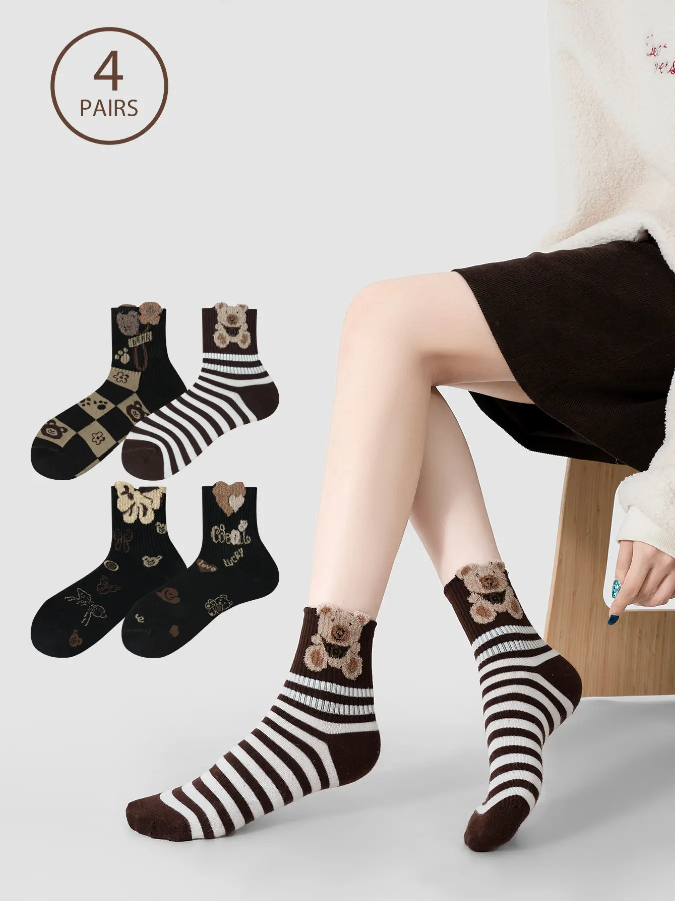4 Pairs Women's 3D Plush Bear Ankle Socks, Cute Heart Butterfly Pattern, Fall Winter Casual Socks, Comfortable and Stylish