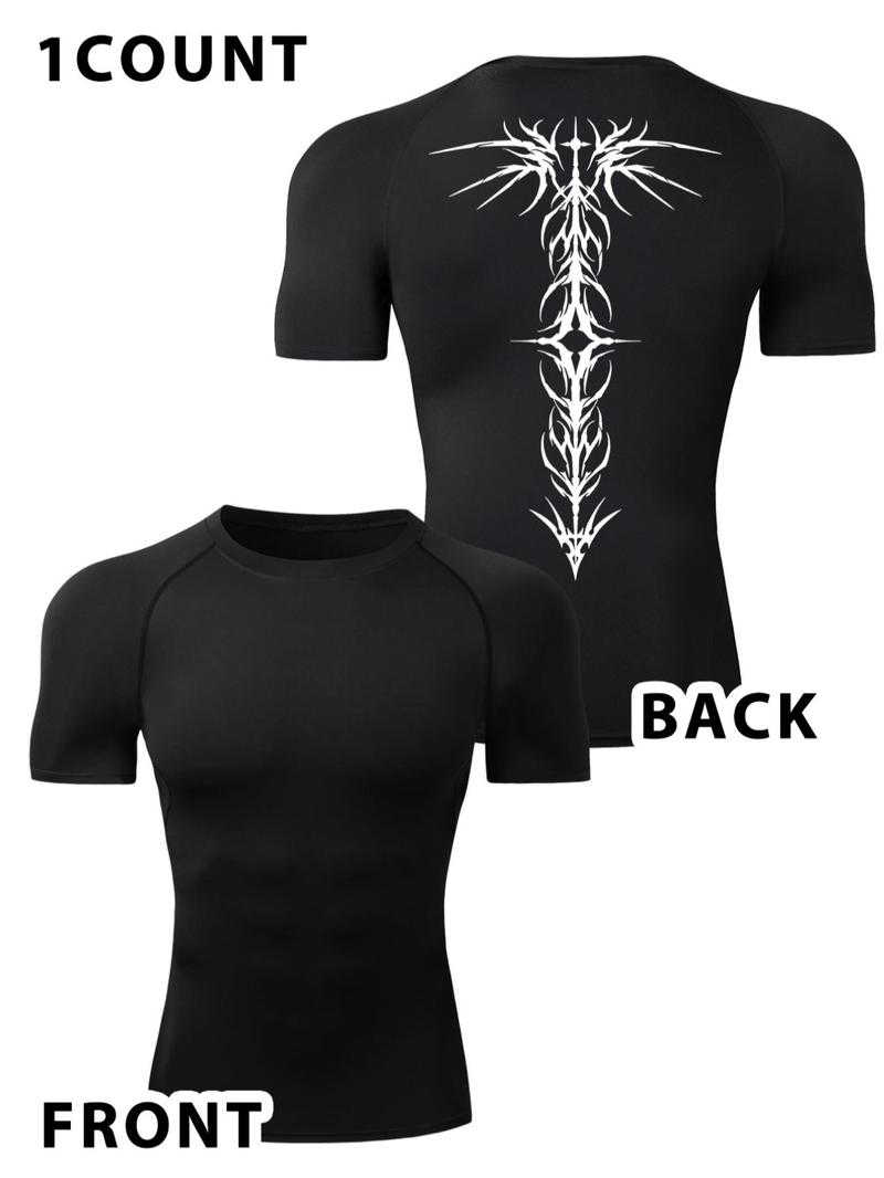 Men's Gothic Wing Print Short Sleeve Tee, Quick Drying Breathable T-shirt for Gym Workout Running, Casual Sporty Top for Summer