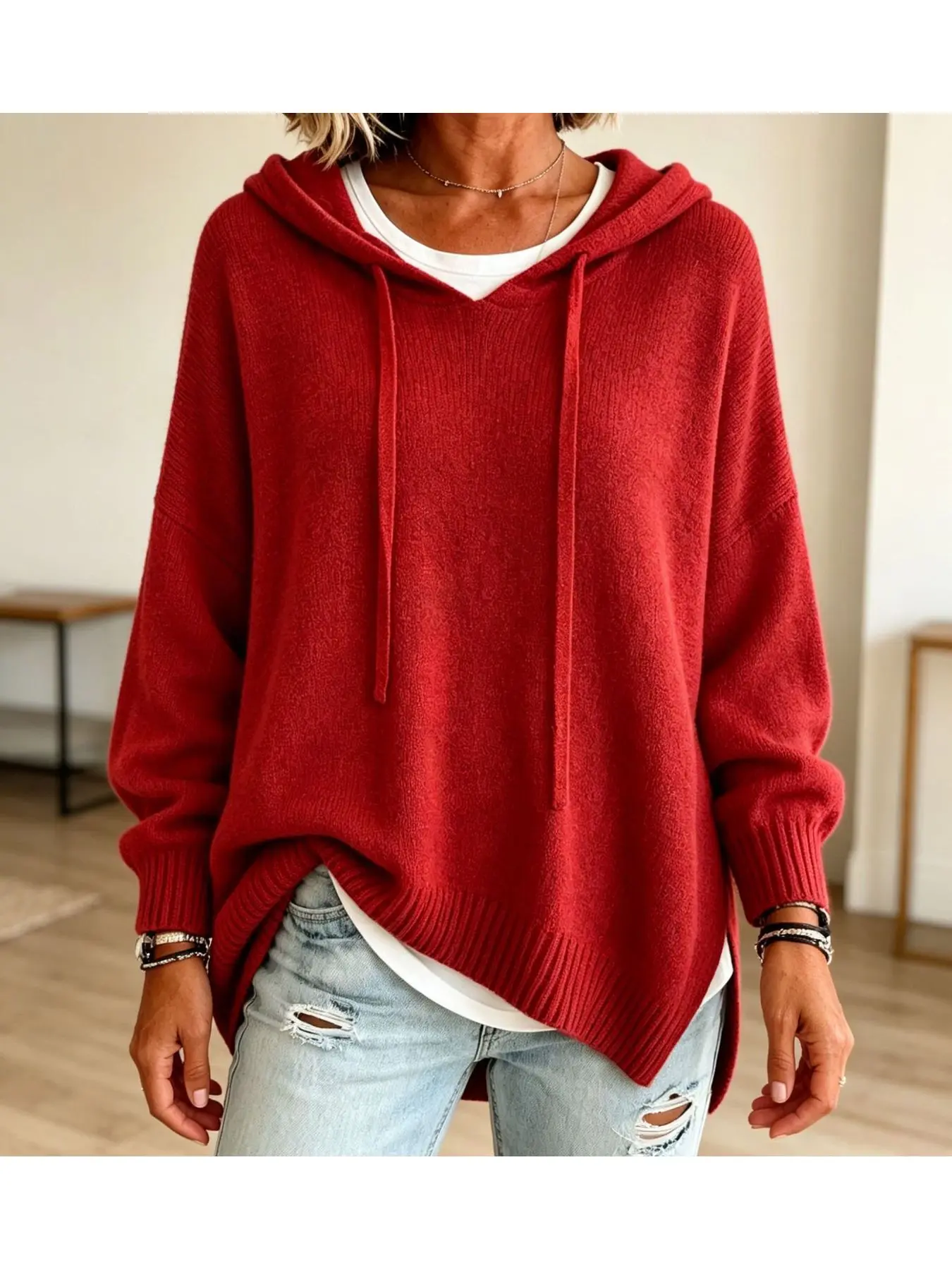 2026 European Womens Fashion Casual Knitted Hooded Drawstring LongSleeve Sweater Loose Fitting Outerwear