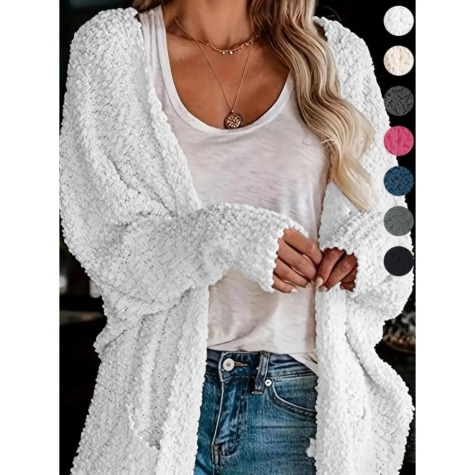 Women's Casual Oversized Solid Knit Cardigan, Long Batwing Sleeve Sweater, Loose Open Front Top with Pockets, Hand Wash