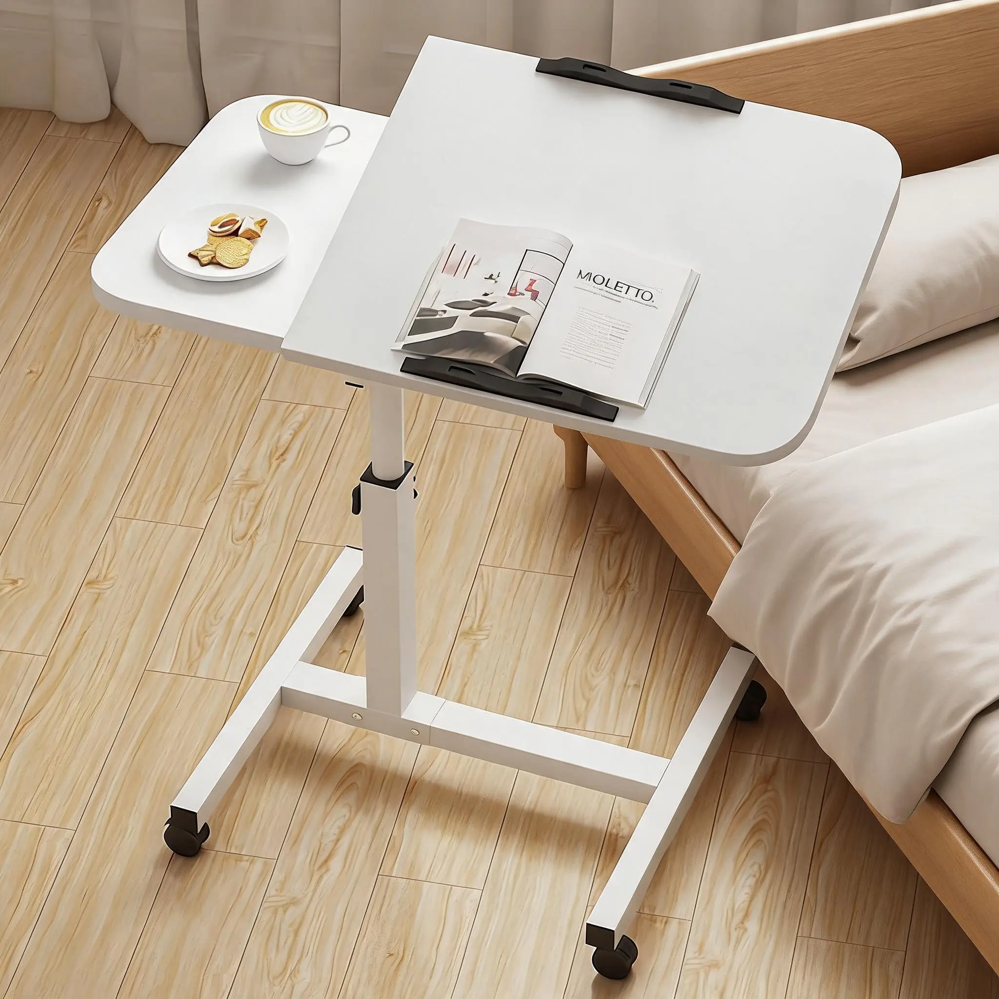 Adjustable Overbed Table for Bedside and Office - Mobile Laptop Desk with 23.6-37.4in Height Range - Swivel Wheels for Easy Movement - Multipurpose Hospital, Home, or Couch Workspace - White
