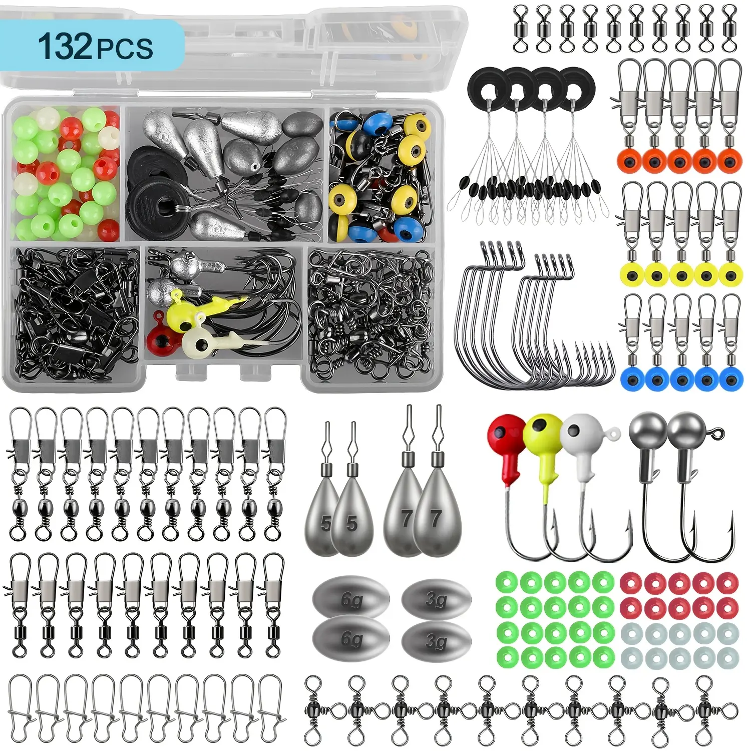 132 Pcs Fishing Tackle Set - Complete Tackle Box Kit with Organized Box, Hooks, Sinkers - Ideal for Bass, Trout Fishing Gear