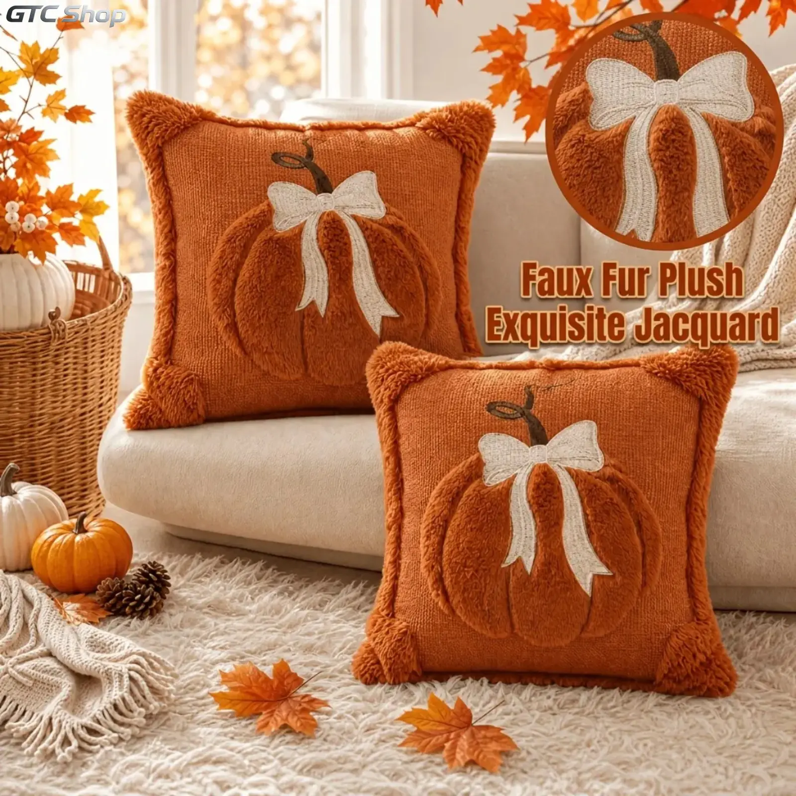 2-Pack 3D Jacquard Pumpkin Pillow Covers – 18x18 Inch Fall Throw Pillow Covers with Bow for Thanksgiving & Farmhouse Decor (Covers Only)