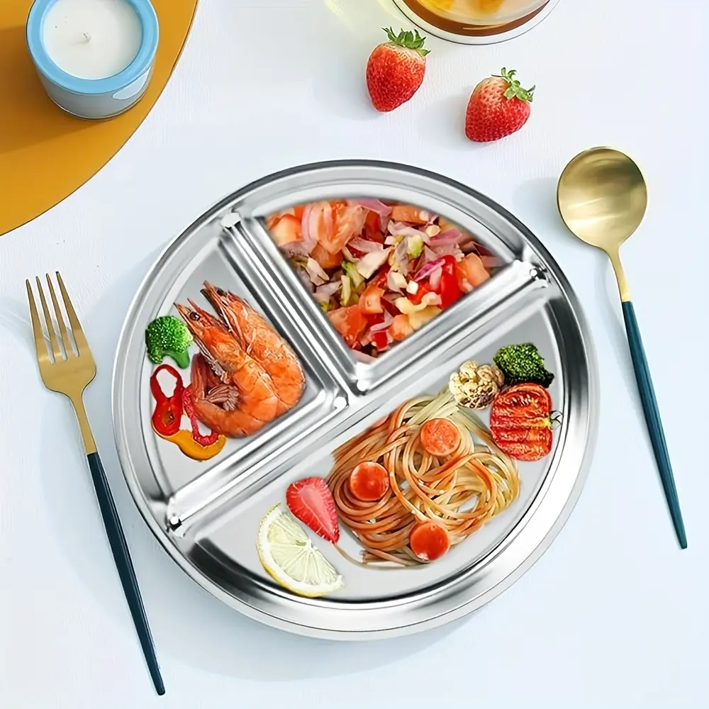 Stainless Steel Divided Plate, Three Compartment Portion Control, Ideal for Weight Loss, Adult Healthy Diet, Durable and Easy to Clean