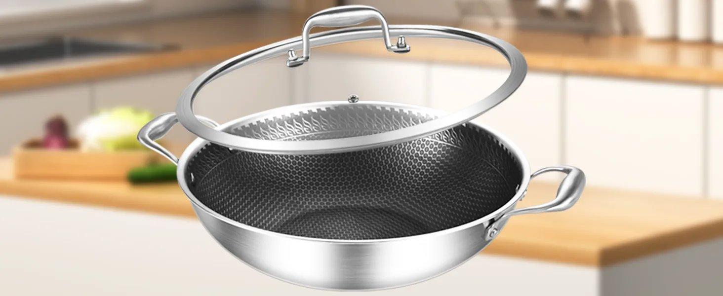 THE WELL KEPT 12-Inch Wok Pan With Lid, Tri-Ply Stainless Steel, Non-Stick, Oven Safe Up to 600F, 5QT Capacity, Induction Compatible