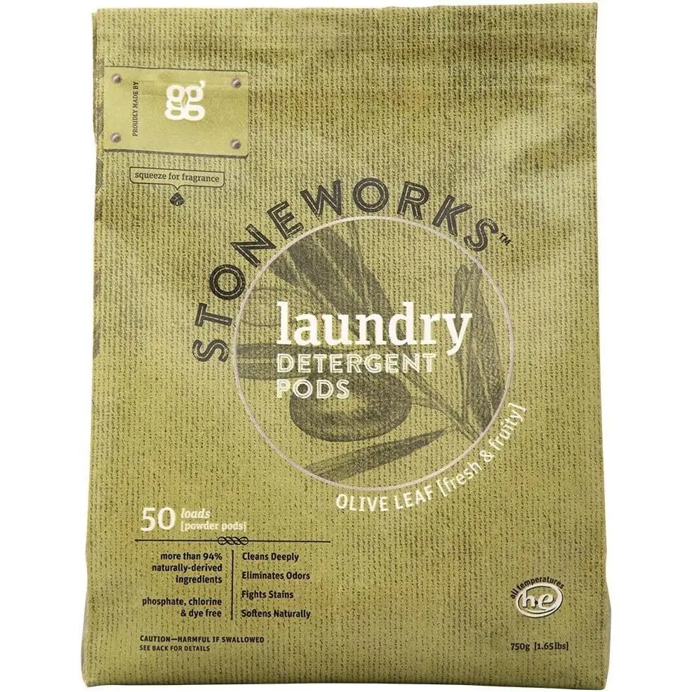 Stoneworks Laundry Detergent Pods, Pre-Measured 50 Loads, Olive Leaf Scent, EPA Choice, Mineral-Based, Stain-Fighting, Odor-Fighting, Naturally Softening, Phosphate-Free, No Harsh Ingredients, Mineral Base