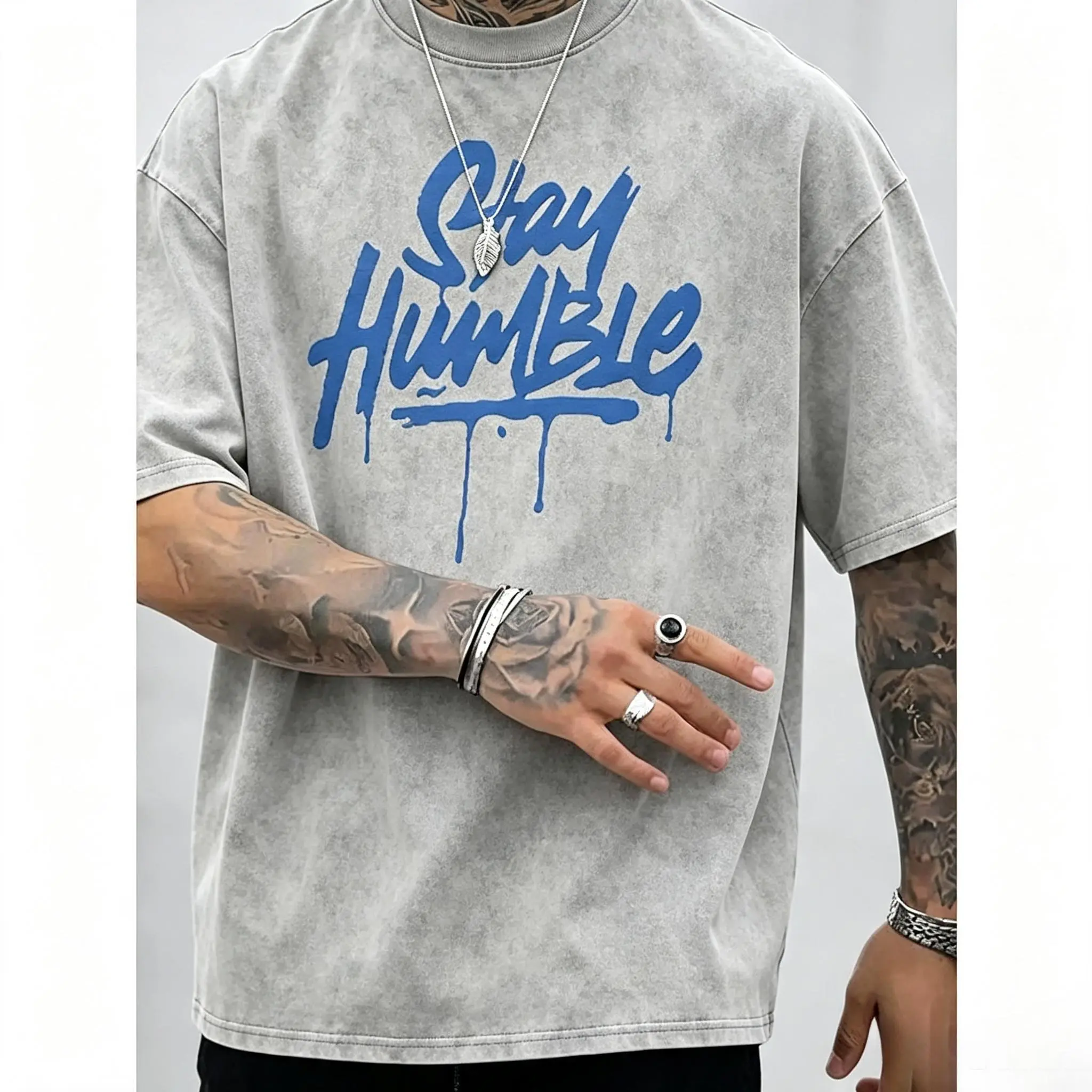 Men's Personalized Blue Dripping Letter Graphic Baggy Oversized Short-Sleeve Round Neck Day Summer Sports Top, Cotton Soft Machine-Washable Relaxed-Fit Teens' Apparel, Shortsleeve, Loose