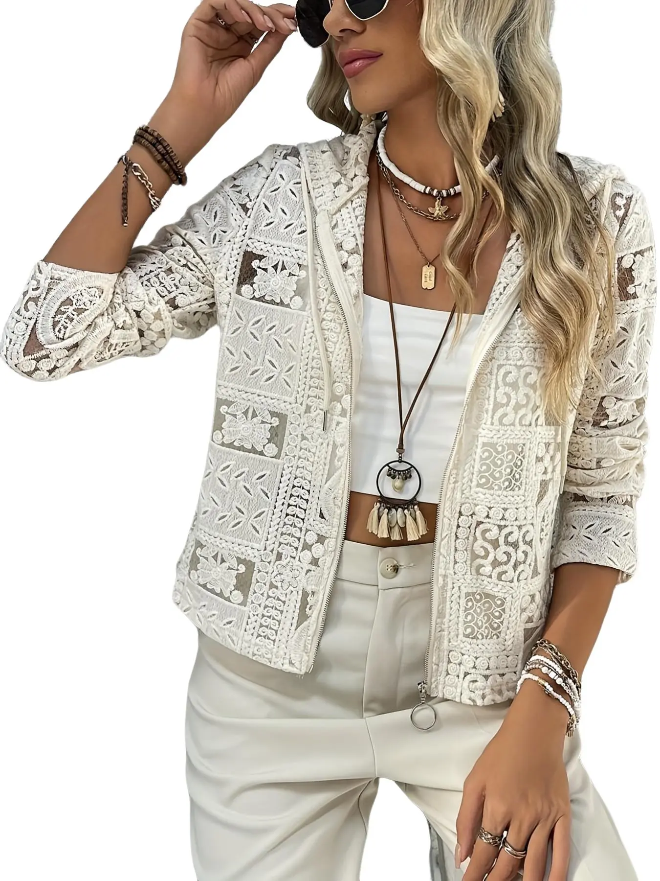Elegant Chic Women's Jacket, Casual Vacation Style, Hollow Out Embroidered Lace Zipper Hooded Coat, Fashion Long Sleeve Cardigan