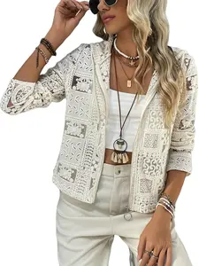 Elegant Women's Jacket, Casual Vacation Style, Hollow Out Embroidered Lace Zipper Hooded Coat, Fashion Long Sleeve Cardigan