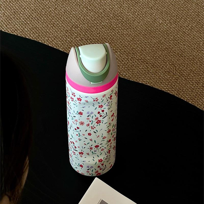 Floral Pattern Stainless Steel Vacuum Flask, 1 Count 24oz-32oz-40oz Water Bottle with Straw, Stainless Steel Thermos, Drinking Cup for Home Office School Outdoor, Portable Drinkware, Insulated Mug, Leakproof Insulated Tumbler