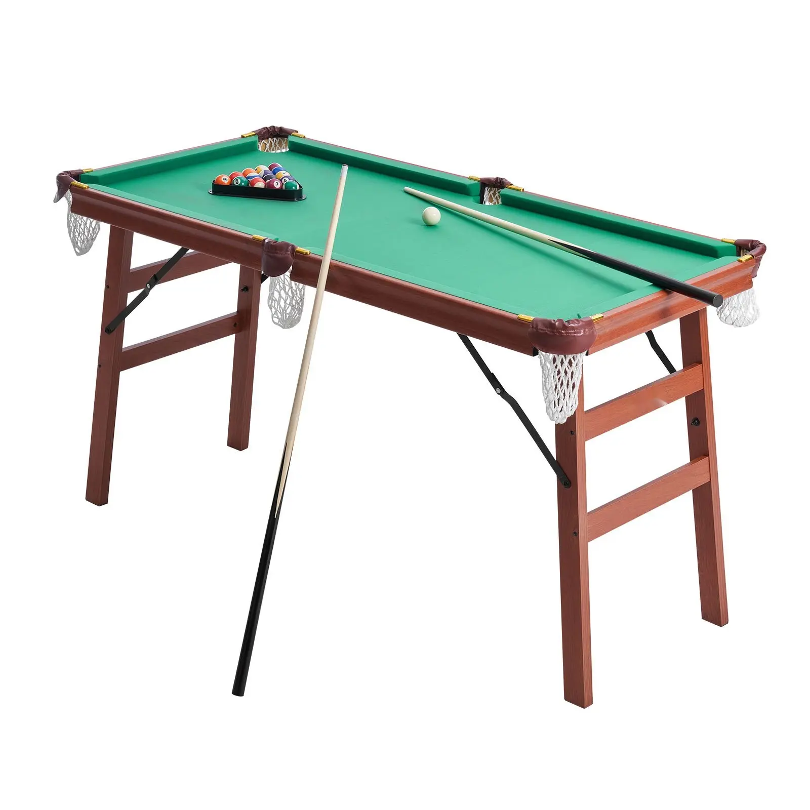 Folding Pool Table 4.5 Ft Portable Billiards Table With Foldable Space-Saving Design Includes Ball, Cue, Rack, Chalk, Brush Brown Wood Finish With Blue Cloth Ideal For Family Use In The Recreation Room Home Entertainment Set