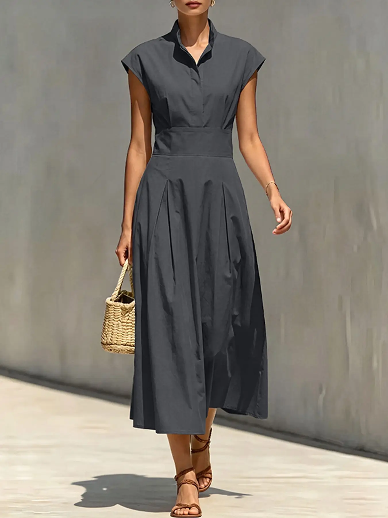 ZANZEA Women's Solid X-Neck Long Dress, Bodycon Summer Dress, Slim-Fitting with Pockets, European and American Style, Casual Office Wear, Plain Surface, Unlined