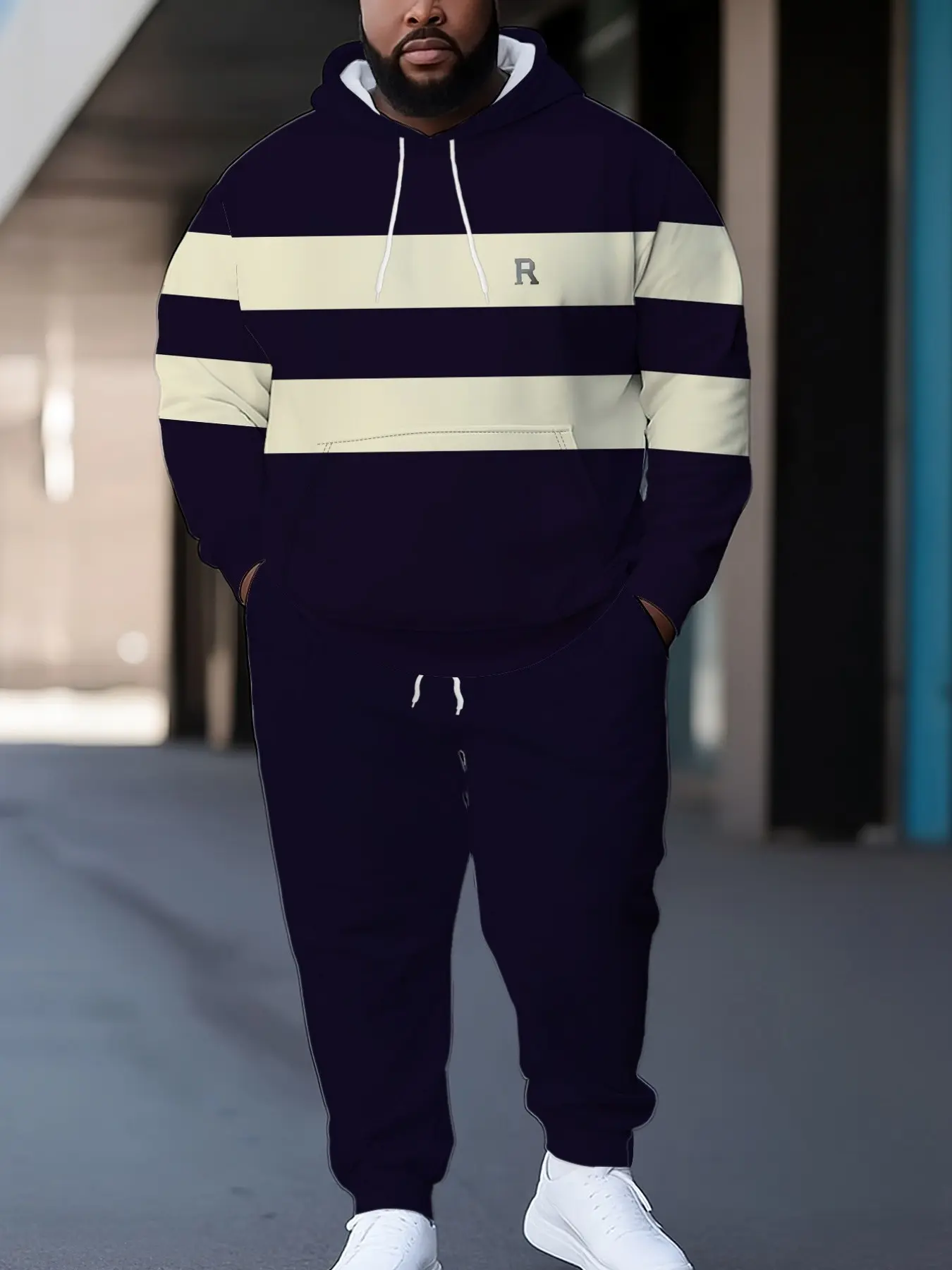 Men's Navy Horizontal Stripe Basic Versatile Plus Size Sweatshirt and Pants Set, Casual Long Sleeve Asymmetrical Design, Fall & Winter