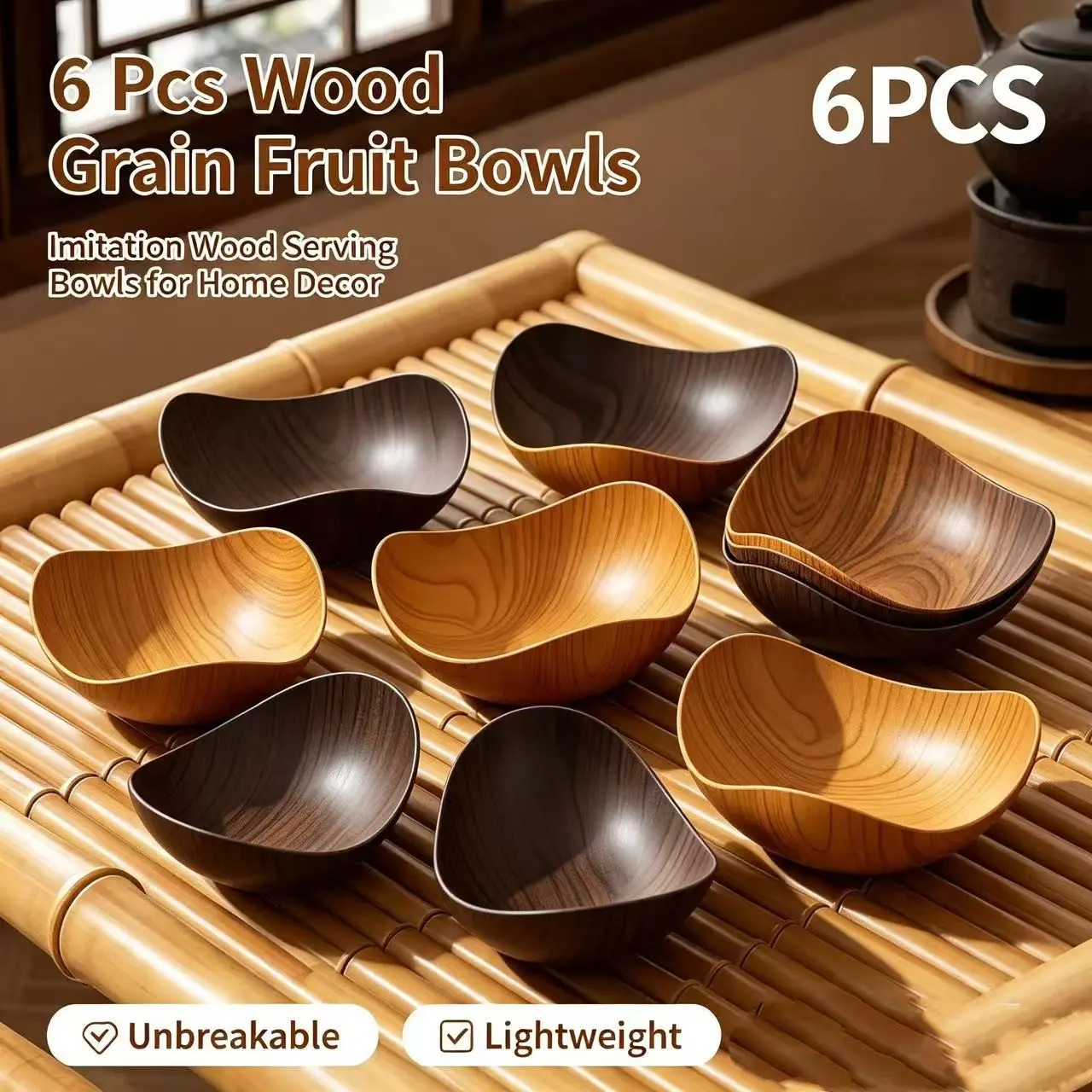 Yuanbao Wood Grain Fruit Bowl Set 6 Pieces, Home Snack Nuts Fruit Tray, New Chinese Style Decorative Storage Bowls, Kitchen Tableware