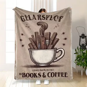 Cozy Books & Coffee Flannel Throw Blanket Suitable For - All-Season Anti-Allergy Bedspread, Book & Coffee Themed Bedspread, Machine Washable Gift For Book Lovers & Coffee Enthusiasts, Room & Bedding, Cozy Reading & Coffee Blanket