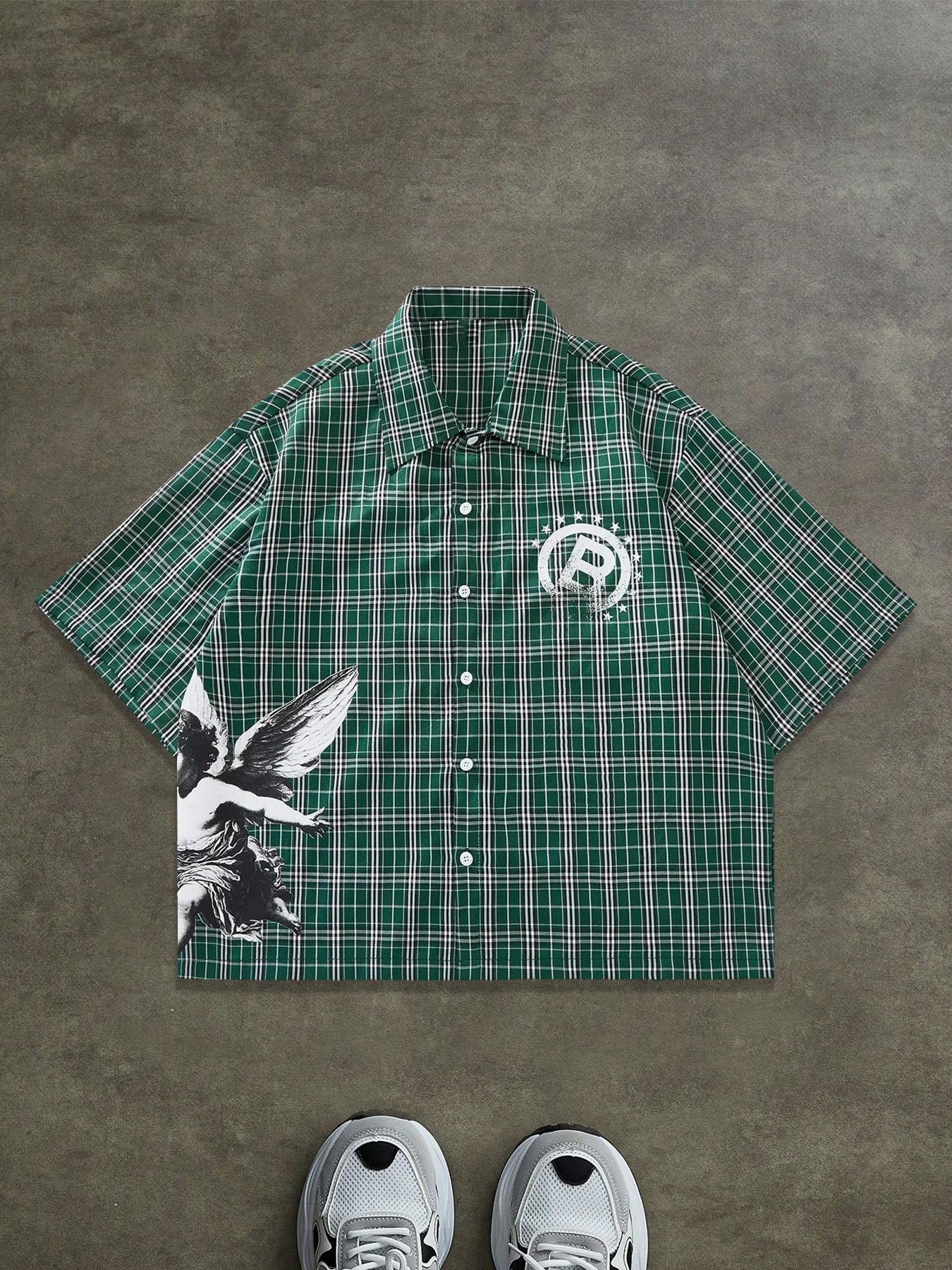 Men's Regular Fit Letter & Striped Print Short Sleeve Shirt, Casual Party Shirt, Casual Retro Button Top for All Seasons, Men's Clothes for Daily Wear