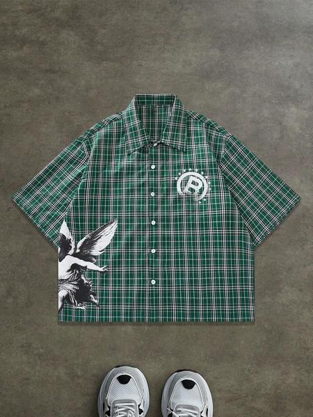 Men's Regular Fit Letter & Striped Print Short Sleeve Shirt, Casual Party Shirt, Casual Retro Button Top for All Seasons, Men's Clothes for Daily Wear