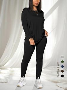 women's solid drop shoulder tee & elastic waist skinny pants two-piece set, casual fashion cozy round neck long sleeve t-shirt & trousers for daily outdoor wear, women's clothing for spring & fall, womenswear everyday