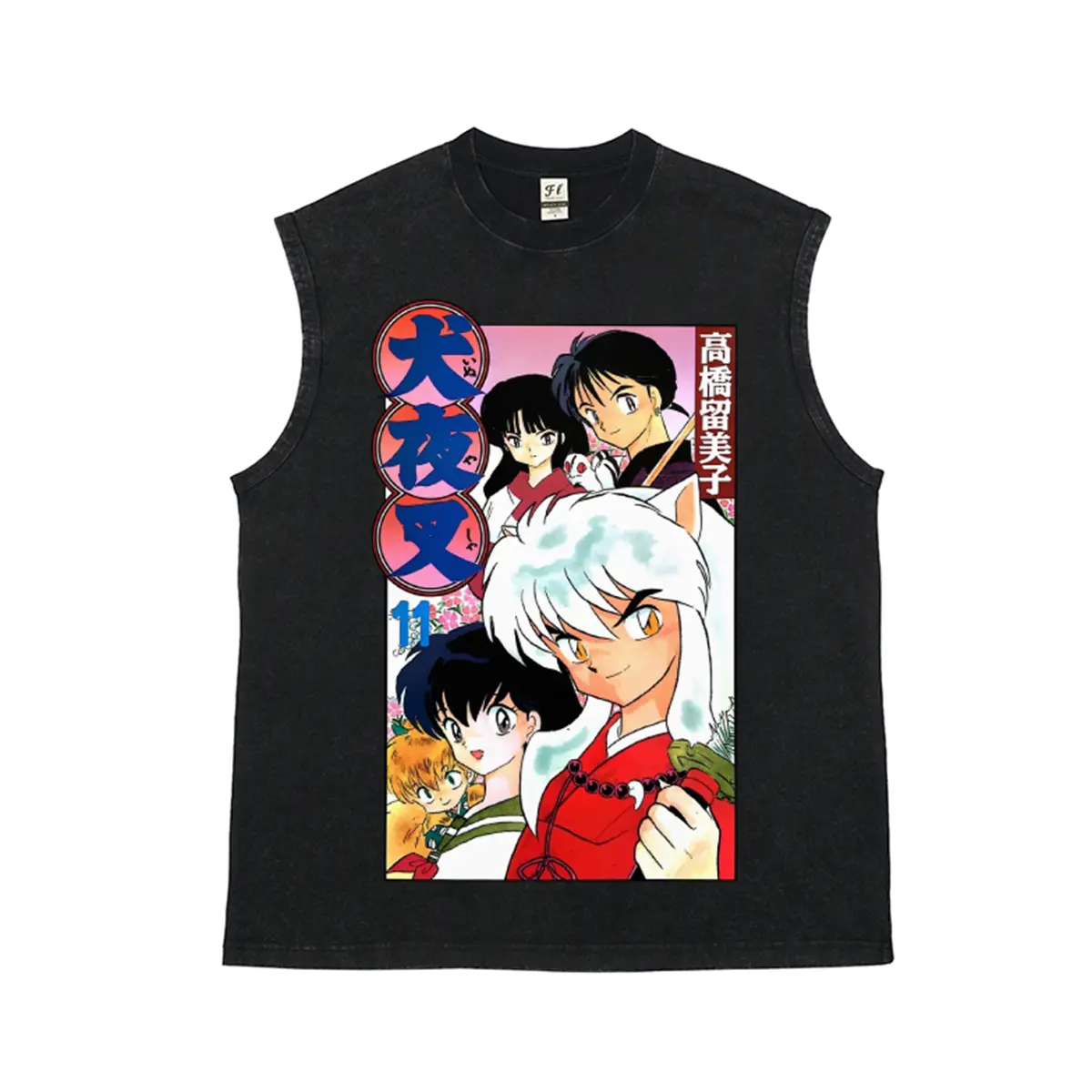 Unisex Kagome, Shippo, Miroku and the white fox Kirara Full Main Character Cast Design Graphic Washed Vest Personalized Pattern Y2k Clothing Round Neck Washed Vest,Women's Clothing 100% Cotton, Menswear, Top, Vintage Style,Summer Casual Oversized