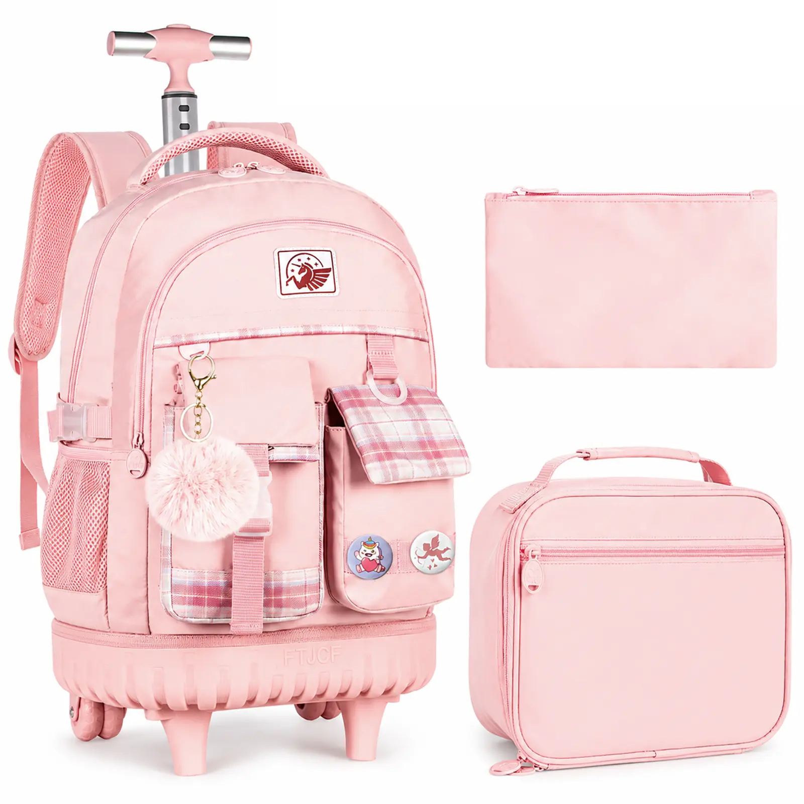 3PCS Rolling Backpack for Girls, Women Wheeled Bookbag with Lunch Box for Adults, Kids Water Resistant Roller School Bag for Teens Travel - Pink