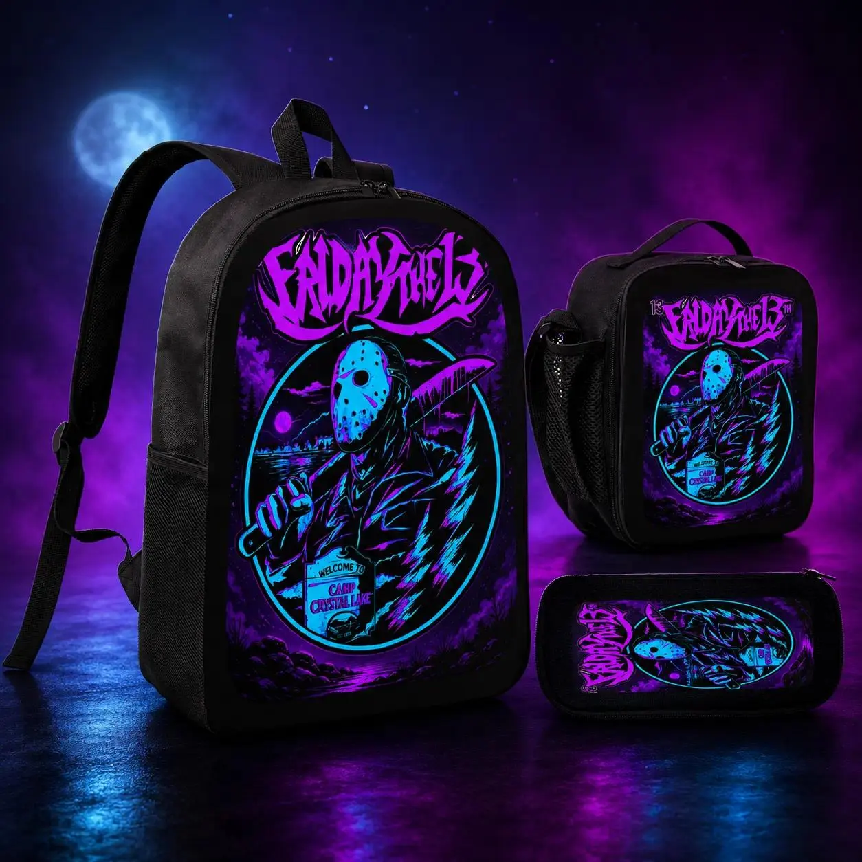 Friday the 13th Backpack with Lunch Bag Pencil Bag 3Pcs Set Boys Girls Lightweight Travel Black Horror Movie Jason Voorhees Bag