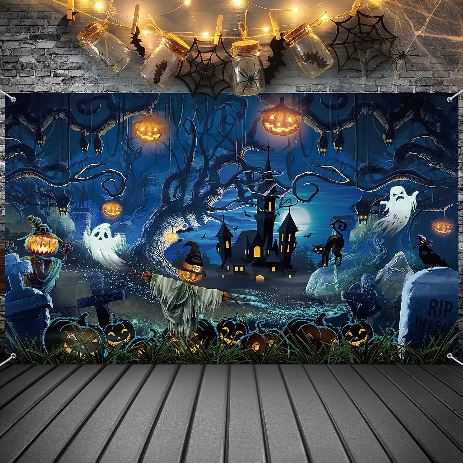 Halloween Decoration Backdrop, Spooky Forest Scary Cemetery  Pumpkins Graveyard Backdrop Haunted House Banner Photography Background for Adult Halloween Party Decor, 72.8 x 43.3 Inch