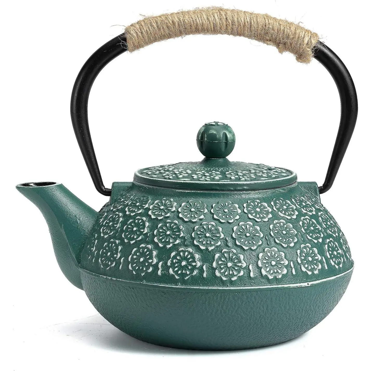 Cast Iron Tea Pot with Infusers for Loose Tea, 30oz Japanese Tetsubin | 900ml Tea Kettle Coated with Enameled Interior for Stove Top, Cherry Blossom Design, Dark Green