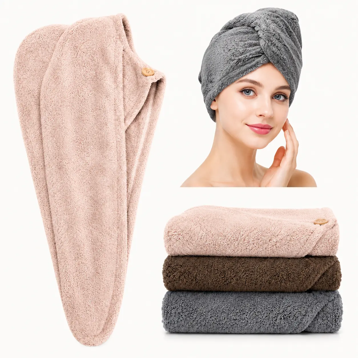 Quick-Dry Hair Turban Towel, Ultra-Soft Absorbent Charcoal Fiber Wrap with Coconut Shell Button for Wet, Curly, Long and Thick Hair