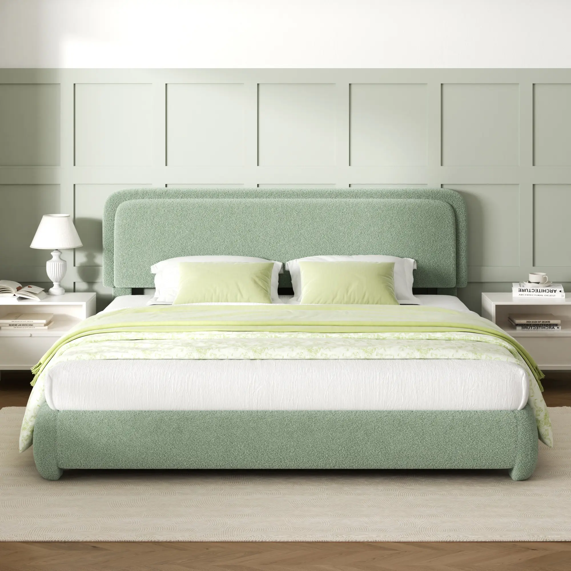 Boucle Upholstered Platform Bed Frame - Multi-Size (King, Queen, Full), Classic Durable Cloud Design, Height-Adjustable Plush Headboard, Safe Rounded Corners, Silent, Velcro Joints, Easy Assembly, Brown, Wipe with Damp Cloth, Modern Bedroom, Sleep Support