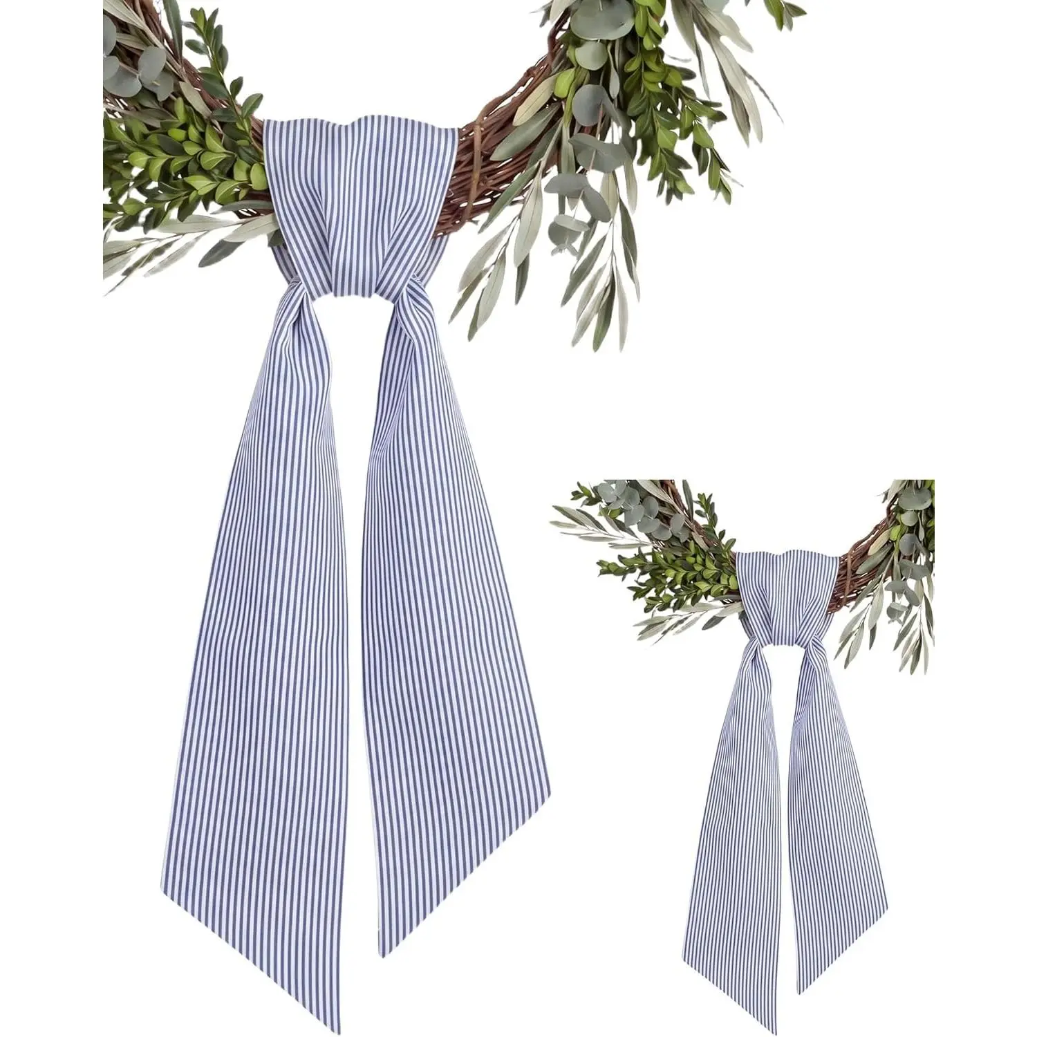 Women's Classic Lightweight Long Synthetic Scarf Wreath Sash 2-Pack, 5.12in x 54.33in Polyester, Blue & White Striped, Weather/Fade Resistant, Front Door Decor for Summer Nautical Weddings, Indoor/Outdoor Accessory, Indoor Outdoor Decorative