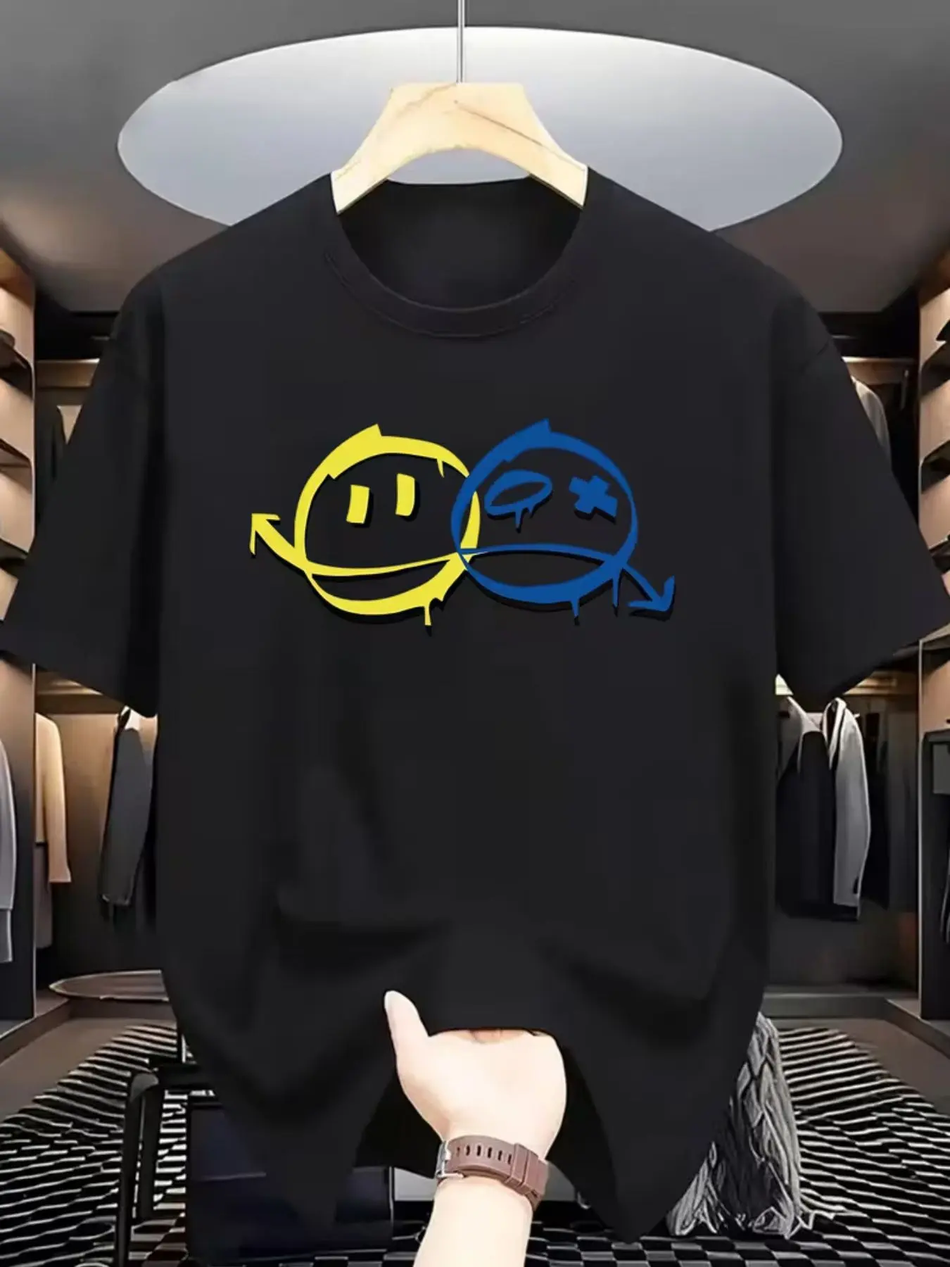 Blue Colorblock Graffiti Smile Print, One Side Happy Rectangular Eye, One Side Sad Teardrop, Arrow Loop Streetwear Style