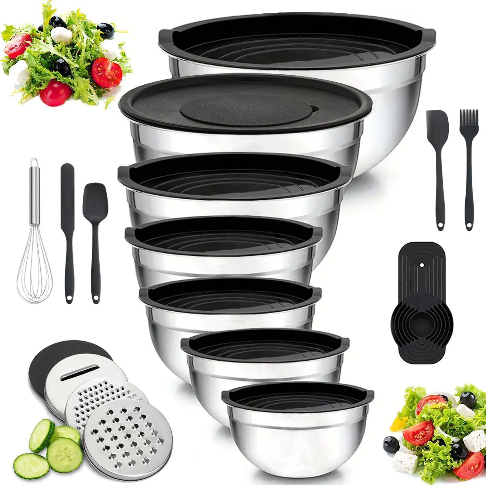 Sturdy Multi-Size Glossy Stainless Steel Mixing Bowl Set (7 & 14-Piece Options) with Grater Attachments, Food-Grade Leak-Proof Lids with Lid Seal, Stackable Tableware & Kitchen Utensils, Heat-Safe Bowls for Kneading, Mixing, Serving