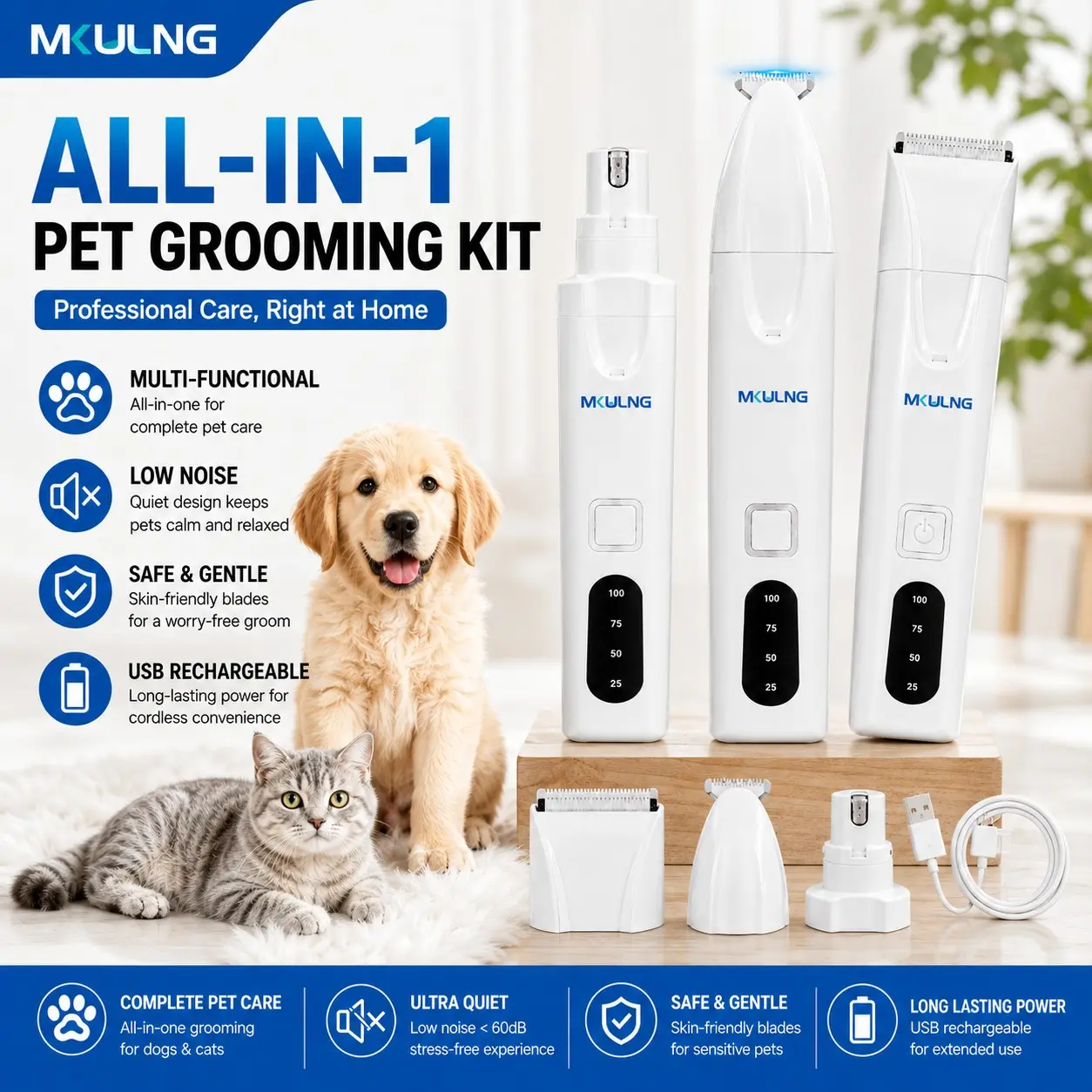 Dog Nail Grinder and Paw Trimmer Tools Kit 3 in 1, Quiet Rechargeable Electric, 2 LED Lights, Cordless, Safe Clippers, Model G09