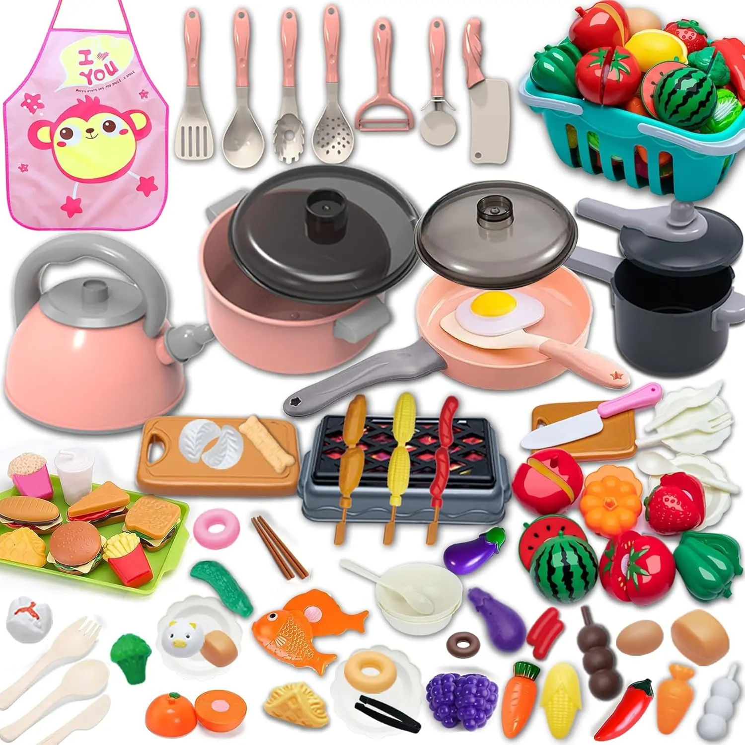 Kids Kitchen Toy Accessories Kitchen Playset Pretend Cooking Play Pots Pans Utensils Cookware Food Fruit Veges Shopping Storage Basket Learning Present for Girls Boysfidget toys