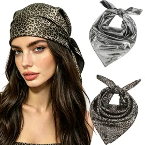 AWAYTR 2 Pack Y2K Bandana Headscarf Set Metallic Silvery  & Leopard Print Punk Headband for Women Girls 24.8" Square Hair Accessories
