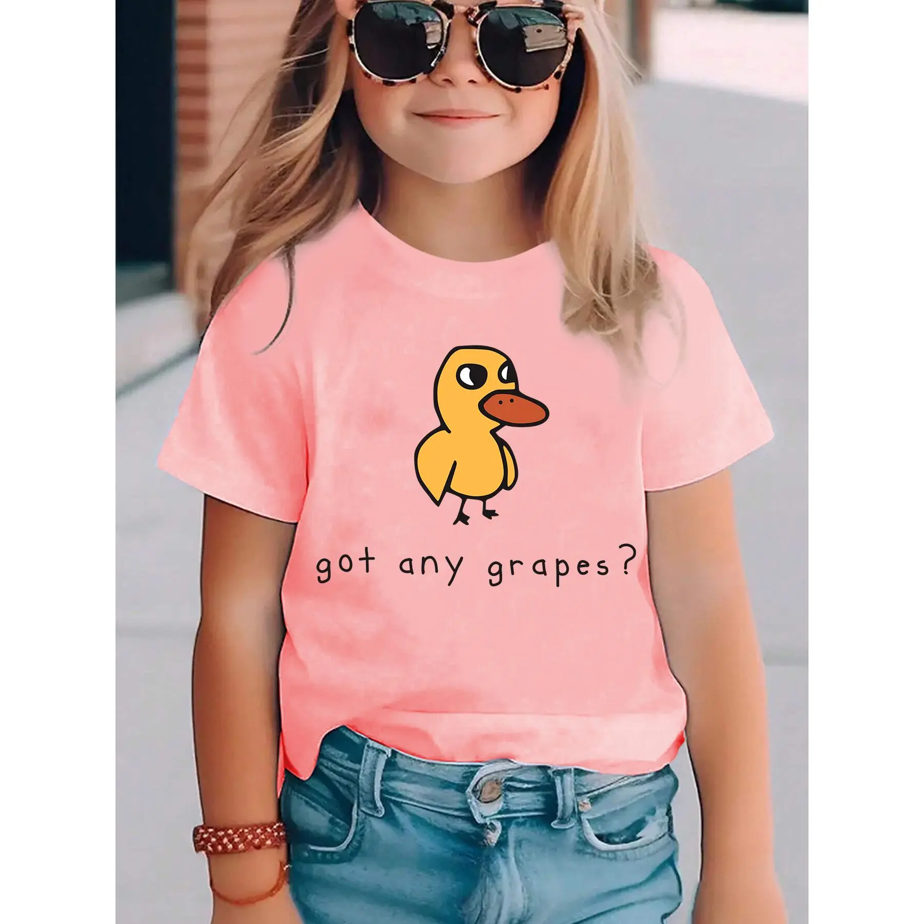Summer girls' short-sleeve T-shirt GOT ANY GRAPES yellow duck print casual versatile top DX5723