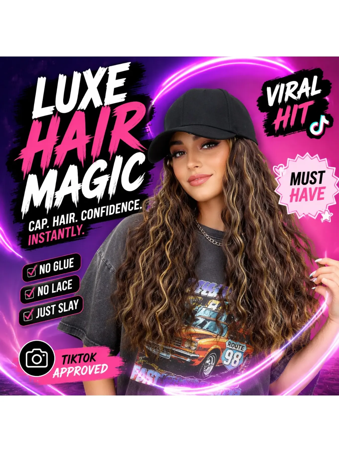 Luxe Hairs Women Integrated Baseball Cap Wig, 18inch Medium Water Wave Highlight Synthetic Hair Hat Wig, Heat Resistant Glueless Daily Fashion Hairpiece for US UK Ladies, Wavy Wig