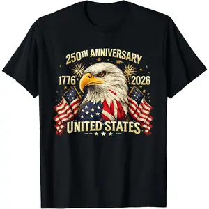 Men's Short-Sleeve 100% Cotton 250th Anniversary USA Eagle Flag Sports T-Shirt, 1776-2026 Commemorative Tee