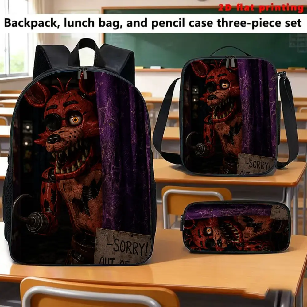 Women's Dark Golden Theme Freddy Bear 2D Printed Backpack Set - Back to School Haul Item with Multiple Pockets, Organized Storage, Retro Chic Style; Handbag & Pencil Case Optional for Daily Commute & Study, School Daily, Set Pack