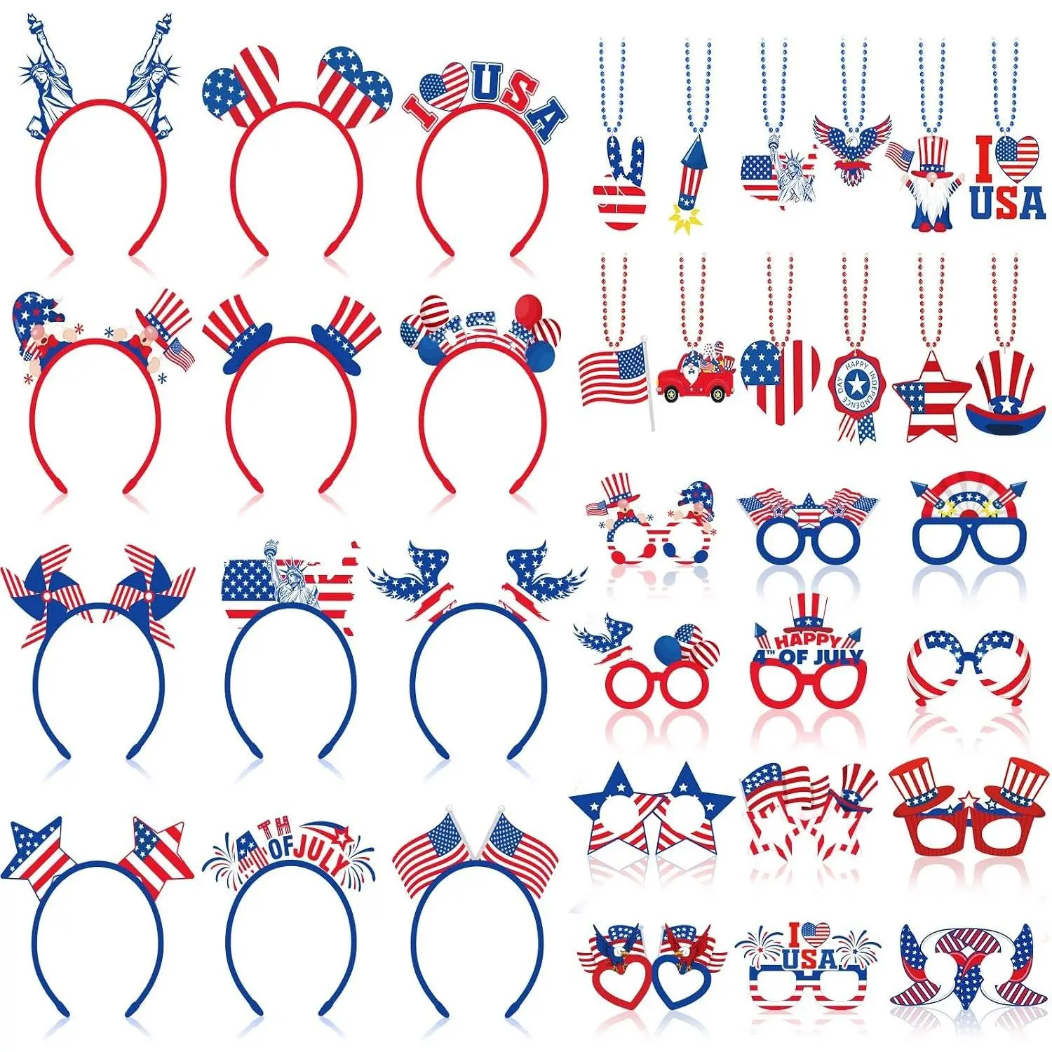 36 Pcs 4th of July Patriotic Accessories Red White Blue Party Favors - Felt Headband Eyeglasses Beaded Necklaces for Independence Day Memorial Day Parades Party Costume Decoration