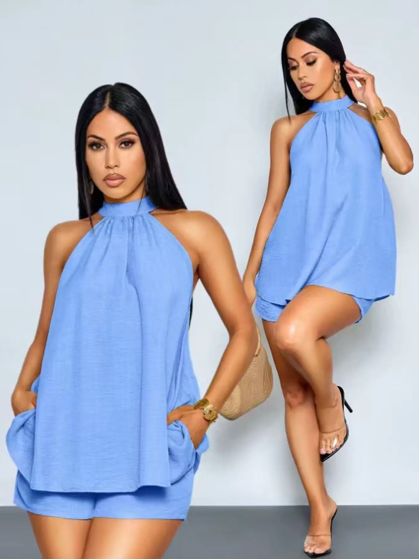 Elegant Beach Vacation Two-Piece Set for Women, Mint Halter Top with Asymmetrical Hem and Matching Shorts, Perfect for Dates and Parties
