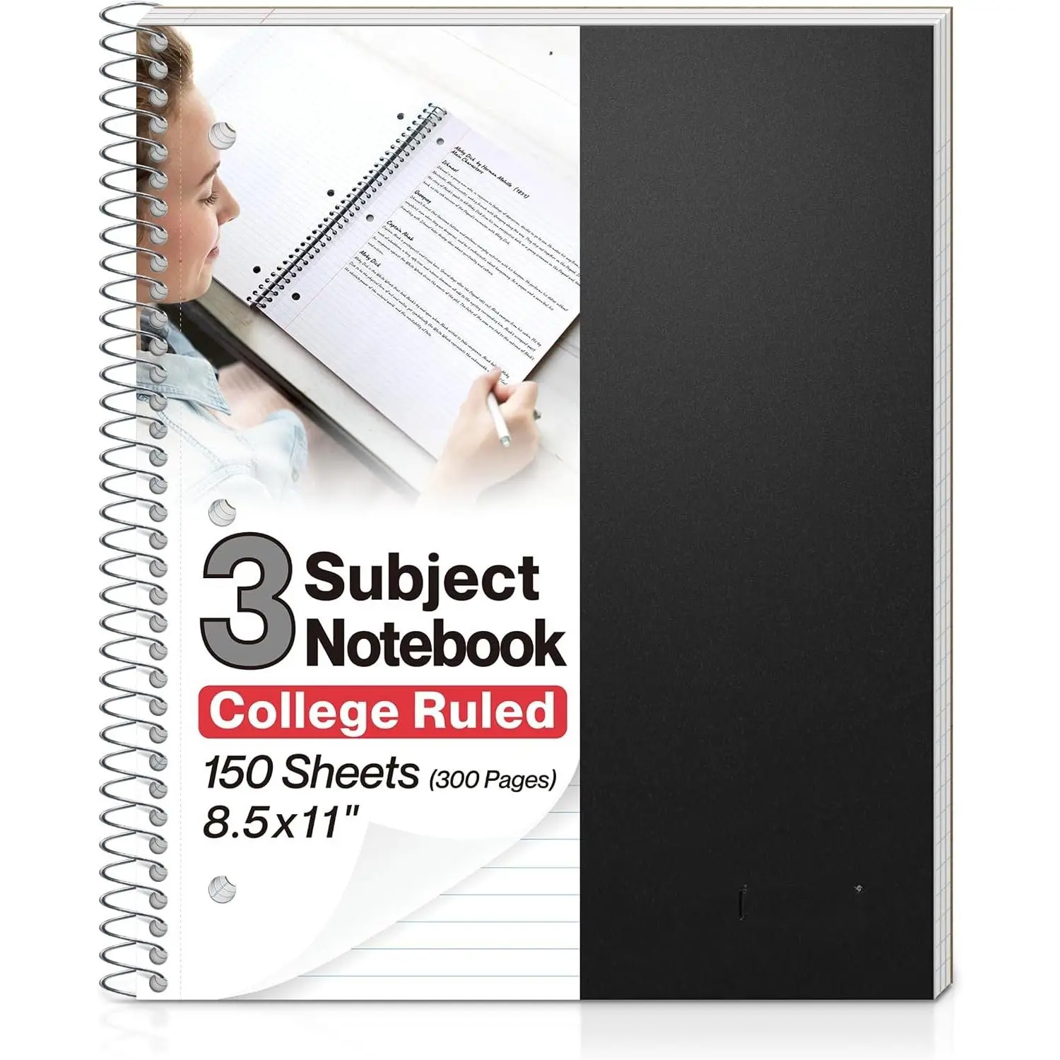 3-Subject Notebook College Ruled (Black), Spiral Notebook 8.5 x 11, Plastic Cover, 3 Pocket Dividers, 150 Sheets (300 Pages), 3-Hole Punched Perforated 8 1/2 x 11 Paper | 3 Subject Sections, College Ruled Pages, 150 Sheets, Durable Covers, 3-Hole Punched