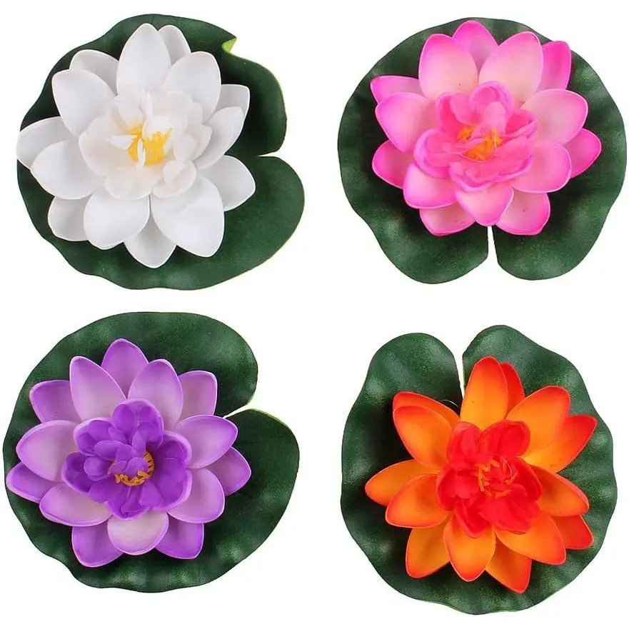 1.5x4 in EVA Plastic Modern Artificial Floating Lotus Flowers Set (4 Different Colors), Small Outdoor Garden Pond Decor
