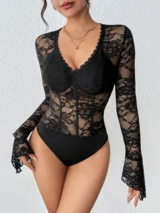 Sexy Lace Trim V Neck Bodysuit, Form-Fitting Design for Stylish Nights, Elegant Women's Lingerie for Special Occasions