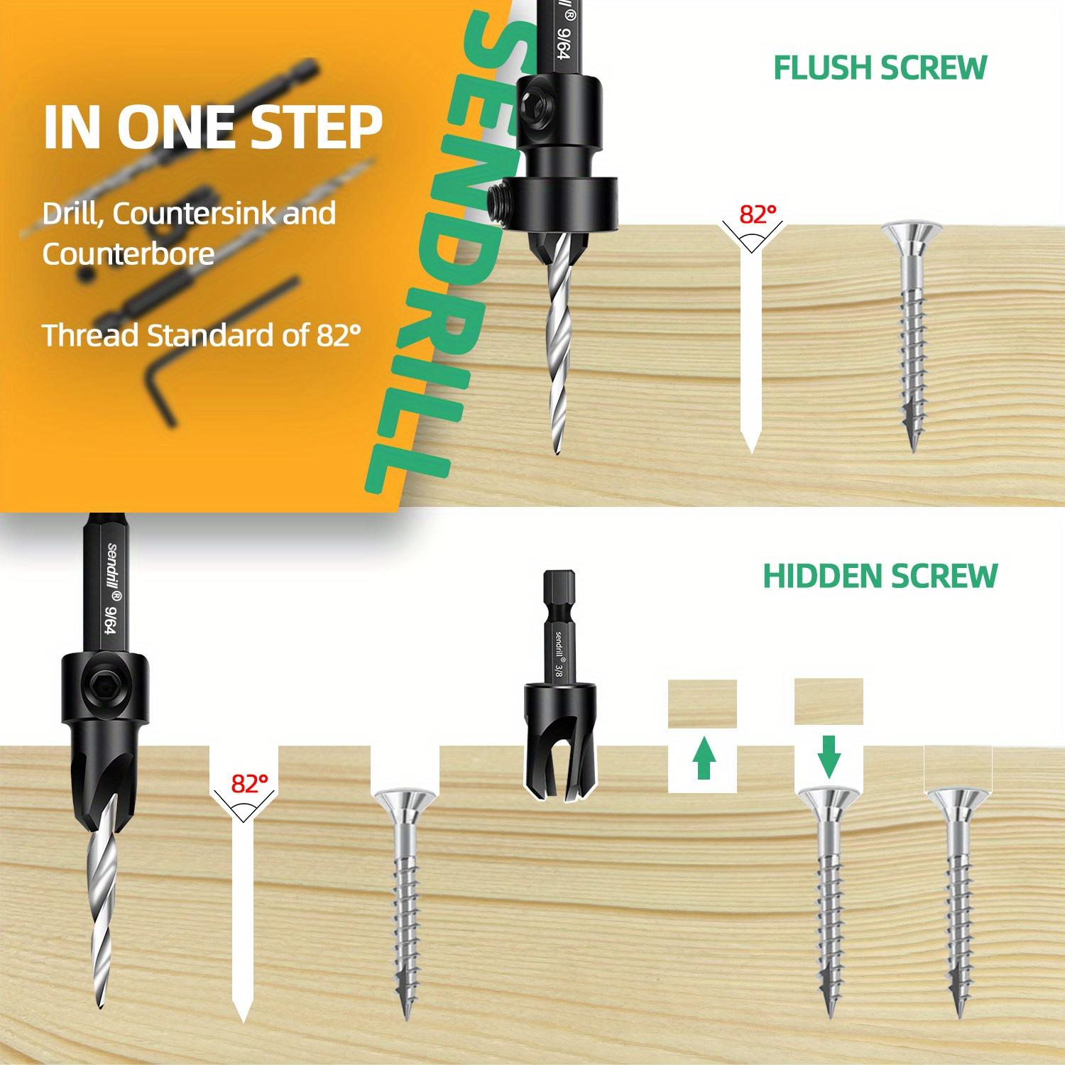 SENDRILL 17pcs Countersink Drill Bits Set, Tapered Drill Bits For Wood, With Phillips Screwdriver Bits, 2PCS Wood Plug Cutter, HSS, Precision Depth Control, 1/4" Hex Shank Quick Change for Woodworking with Storage Box (with One L-Wrench)