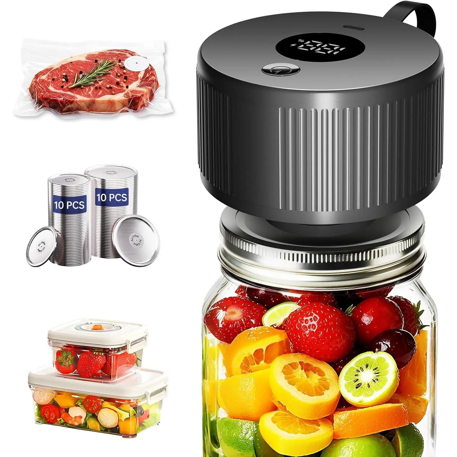 Electric Mason Jar Vacuum Sealer Kit, 3-in-1 Handheld Automatic Vacuum Sealer for Mason Jars, Food Savers & Containers | Ideal for Canning Jams, Pickles, Dry Foods, Grains | Present for Mom, BlackGift