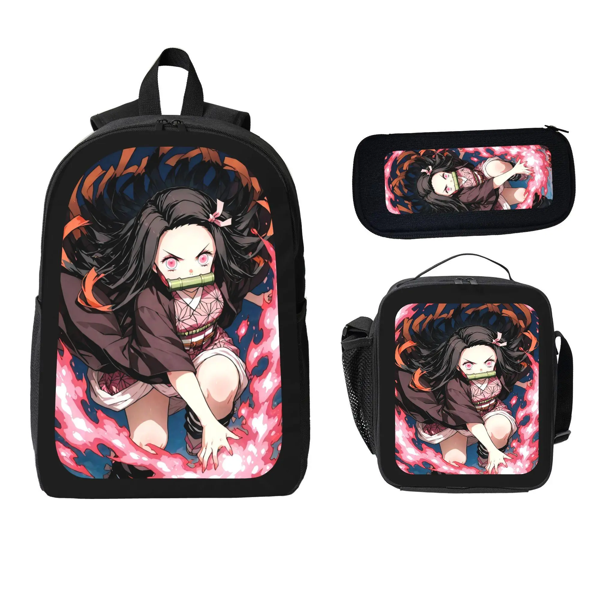 Demon Slayer Anime Graphic 3-Piece Student Backpack Set - School Backpack, Pencil Case, Lunch Bag Bundle with Anime Art, Student-Friendly Themed Design for Daily Use, Demon Slayer Anime Characters