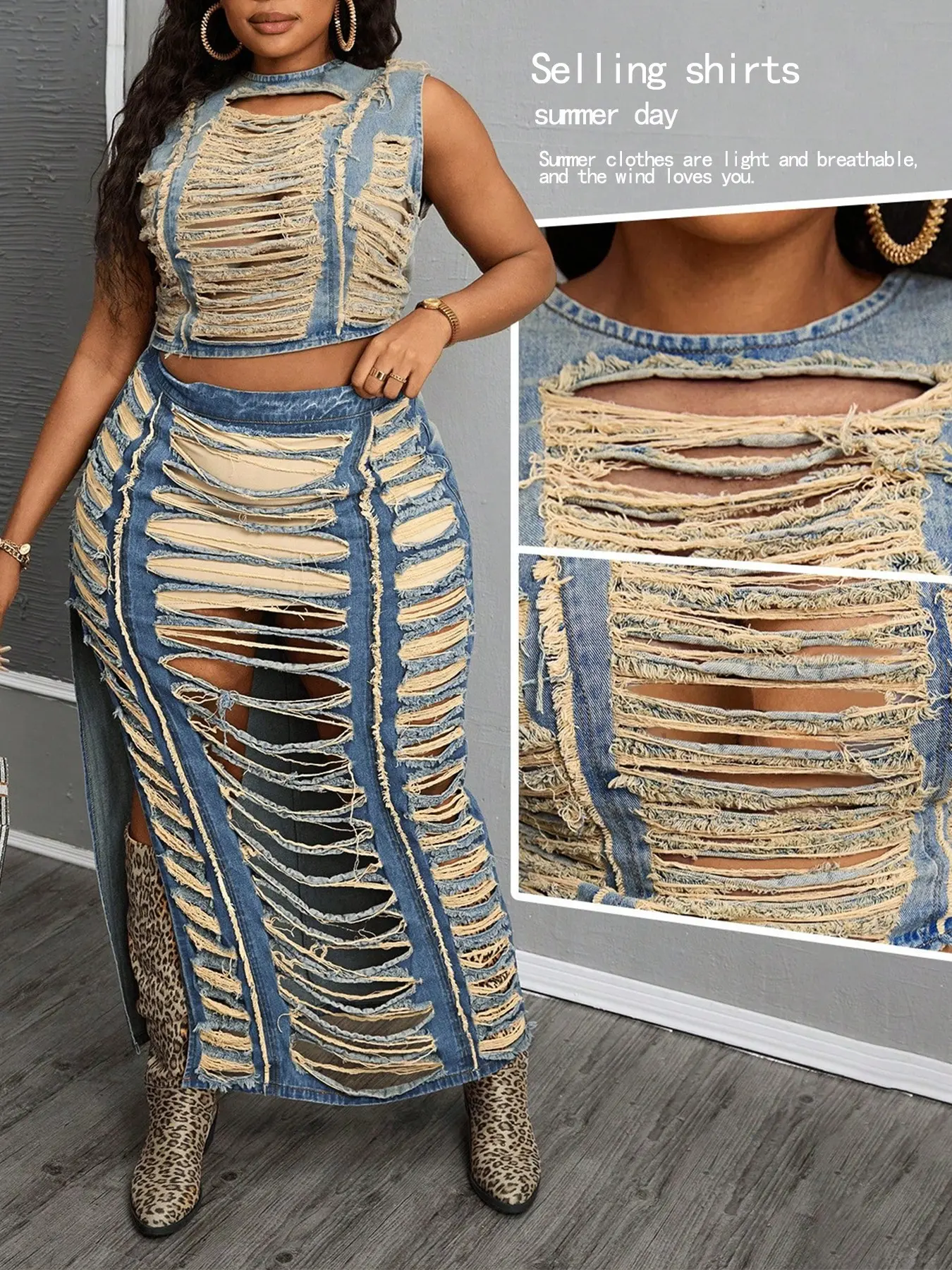 Women's Plus Size Trendy Style Handmade Ripped Denim Fit Tank Top, Front Tie Strappy Design, Versatile Casual, Matching Denim Clothes