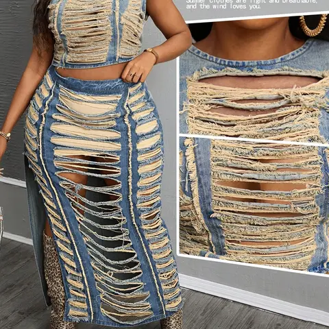 Women's Plus Size Trendy Style Handmade Ripped Denim Fit Tank Top, Front Tie Strappy Design, Versatile Casual, Everyday, Matching Denim Clothes