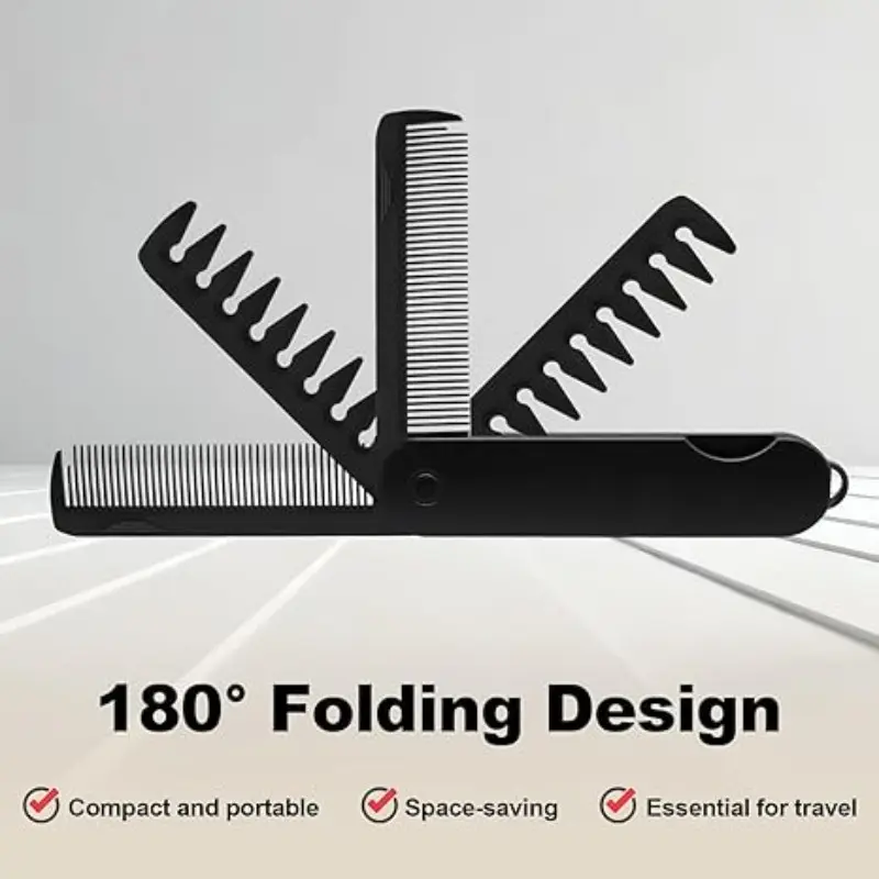Folding Comb for Travel, Wide and Fine Teeth, Compact Design, Anti-Static Plastic, Lightweight, Dual-Sided, for Men and Women